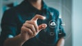 Businessman interacting with cloud computing and data network icons representing technology solutions Royalty Free Stock Photo