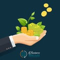 Businessman investment concept. Hand giving money, coins with sprout. Royalty Free Stock Photo