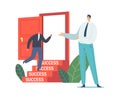 Businessman Invite another Business Man Character in Formal Suit to Enter Open Door with Stairs to Success, Opportunity