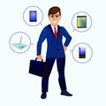 Handsome businessman isolated. Businessman with tools for business and leadership.Illustration.