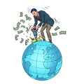 an businessman with a jackhammer extracts money from the planet earth. Ecology and natural resources. Global Business Royalty Free Stock Photo