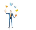 businessman Juggling with business icons, professional, multi task idea. 3D rendering illustration