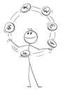 Businessman Juggling With Coins , Vector Cartoon Stick Figure Illustration