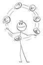 Businessman Juggling With Euro Coins , Vector Cartoon Stick Figure Illustration