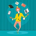 Businessman juggling with office equipment. Royalty Free Stock Photo