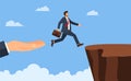 Businessman jump through the gap obstacles between hill success. Running and jump over cliffs. Business risk and success concept. Royalty Free Stock Photo