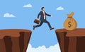 Businessman jump through the gap obstacles between hill success. Running and jump over cliffs. Business risk and success concept. Royalty Free Stock Photo