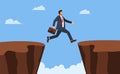 Businessman jump through the gap obstacles between hill success. Running and jump over cliffs. Business risk and success concept.