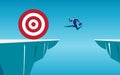 Businessman jump through the gap obstacles between hill to big target and success. Running and jump over cliffs.