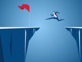 Businessman jump through the gap obstacles between hill to red flag and success. Running and jump over cliffs. Business risk.