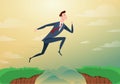 Businessman jump through the gap obstacles between hill to success. Running and jump over cliffs. Business risk and