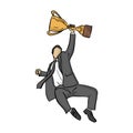 Businessman jump with golden trophy vector illustration sketch doodle hand drawn with black lines isolated on white background. Royalty Free Stock Photo