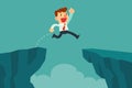 Businessman jump over cliff gap