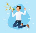 Businessman jump shouting through loud speaker energetic Hailer shouted with megaphone Leadership speech Flat vector illustration