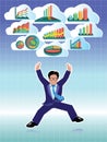 Businessman jumping with business graphs cloud set Royalty Free Stock Photo