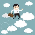 Businessman jumping on clouds and holding the office bag. Business metaphor of career growth. Vector illustration