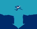 Businessman jumping crossing a cliff with downward arrow shaped