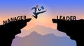 Businessman jumping from Manager cliff to leader cliff on cloud and sunset sky. Change behavior and mindset to Leadership concept Royalty Free Stock Photo