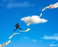 Businessman jumping on money trend through cloud with hand holding