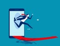 Businessman jumping out of the smart phone. Concept business starting online vector illustration