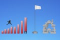 Businessman jumping over bar charts to flag with currency house Royalty Free Stock Photo