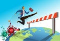 Businessman jumping over a barrier crisis COVID-19 Coronavirus that affect the global economy