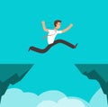 Businessman jumping over canyon. Business challenge, successful overcoming and risk vector cartoon concept