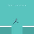 Businessman jumping over chasm vector concept. Symbol of business success, challenge, risk, courage.