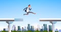 Businessman jumping over gap broken bridge abyss business man leaping between two parts highway modern city skyscraper