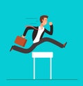 Businessman jumping over hurdles. Business challenge, successful overcoming vector concept