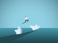 Businessman jumping from sinking ship vector concept. Symbol of new beginning, bailout, bankruptcy, new opportunity.