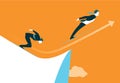Businessman jumping from a springboard on skis. Achieving success