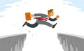 Businessman jumps through gap, business risk concept vector illustration, man employee worker leap over obstacle, career problems