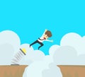 Businessman jumps through the gap in valley,ravine,vale.Business young cartoon happiness of success concept is man