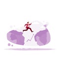 A businessman jumps over a chasm. Determination and courage to overcome obstacles and achieve business success.