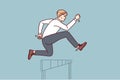 Businessman jumps over obstacle in pursuit of success and new clients for company Royalty Free Stock Photo