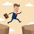 Businessman jumps over the ravine. Challenge, obstacle, optimism, determination in business concept. Vector illustration Royalty Free Stock Photo