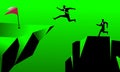 Businessman jumps to the top of a cliff for reaching the finish