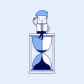 Businessman keeps thinking and sitting on a hourglass, creative thinking. Cartoon character thin line style vector.