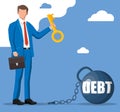 Businessman with key opens debt weight chain. Royalty Free Stock Photo