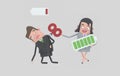 Businessman with key winder on her back and businesswoman with high full level battery. Isolated. 3d illustration. Royalty Free Stock Photo