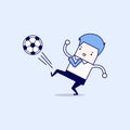 Businessman kicking the ball. Businessman playing football. Cartoon character thin line style vector.