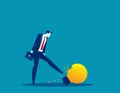 A businessman kicking a broken light bulb. Thinking that doesn`t work