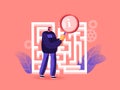 Businessman in Labyrinth or Maze with Magnifier. Character Finding Solution, Business Strategy, Opportunity
