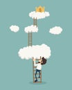 Businessman on a ladder above the clouds looking golden castle