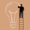 Businessman on the ladder drawing lightbulb idea