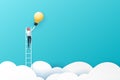 Businessman on a ladder reaching light bulb above cloud on blue sky background.Business concept.Paper art vector illustration Royalty Free Stock Photo