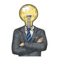 Businessman lamp bulb head color sketch engraving