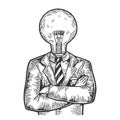 Businessman lamp bulb head sketch engraving