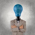 Businessman with lamp-head and hand rised sign Royalty Free Stock Photo